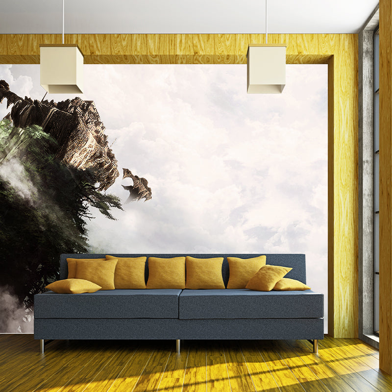 Non-Woven Huge Brown Mural Modern Cloudy Wonderland with Tilting Castle Wall Art, Custom Made
