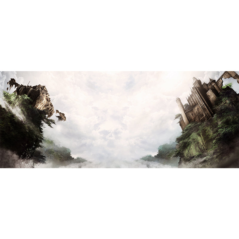 Non-Woven Huge Brown Mural Modern Cloudy Wonderland with Tilting Castle Wall Art, Custom Made