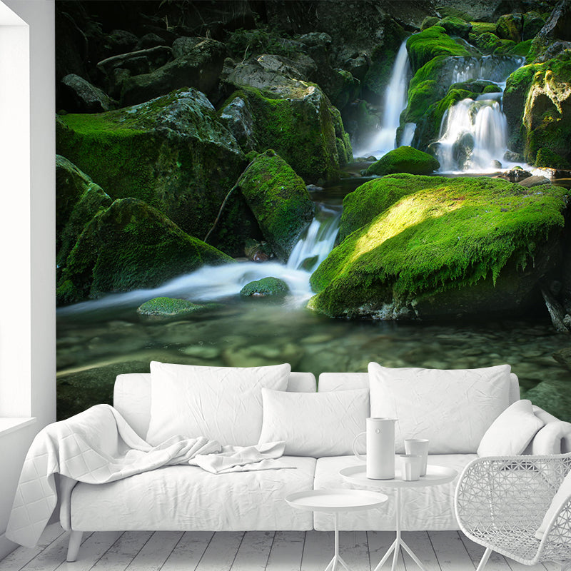 Waterfall with Moss Stone Mural Decal Green Modernism Wall Covering for Home Gallery