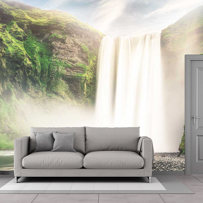 Big Waterfall Wall Paper Mural Stain-Proof Modern Style Living Room Wall Decor in Green