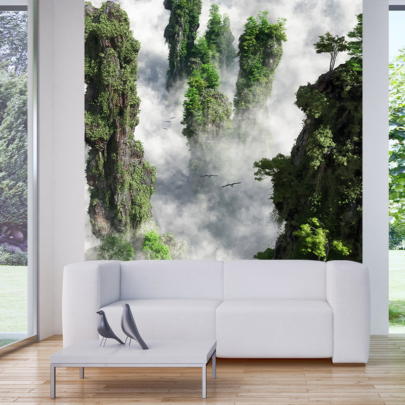 Foggy Cliffs Aerial View Mural Wallpaper Modernist PVC Wall Covering in Green for Home