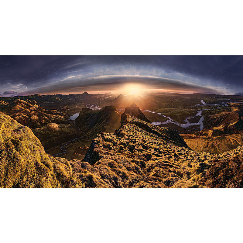 Huge Landscape Wall Mural Decal Above Bed Sunset Mountain with Meandering River Wall Decor in Brown, Washable