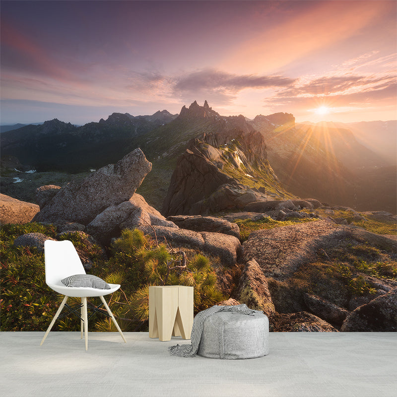 Large Mountain Sunset Landscape Mural Brown Non-Woven Fabric Wall Art, Washable, Optional Size