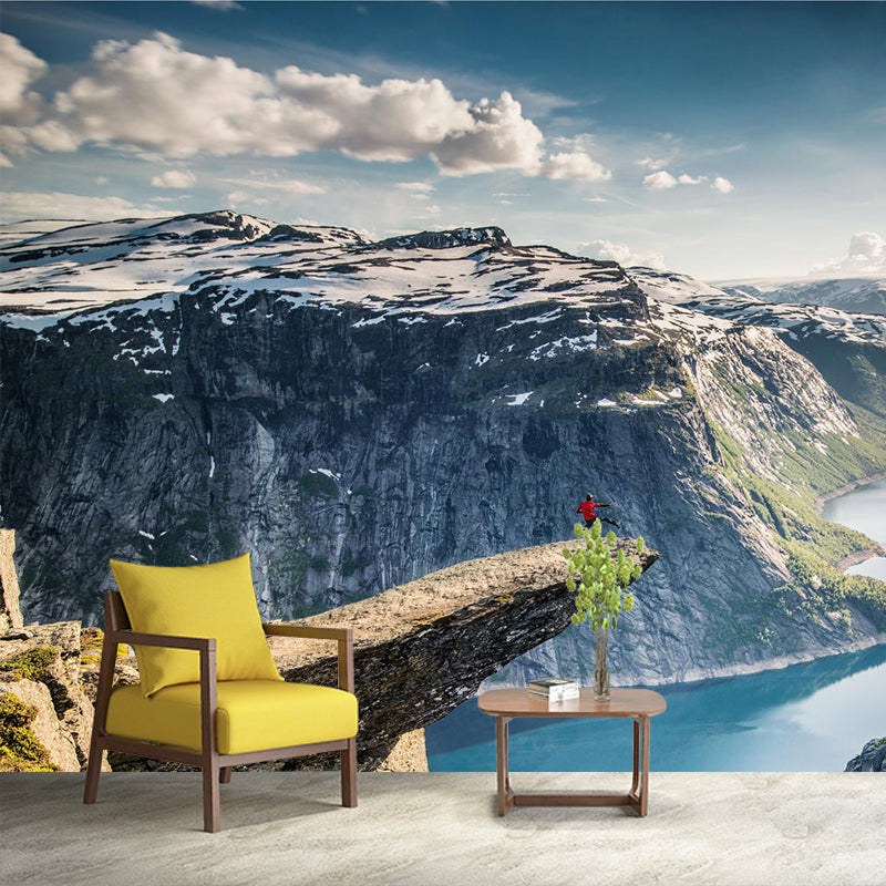 Modern Wide River Mountain Mural Decal Grey Bedroom Wall Art, Custom Size Available