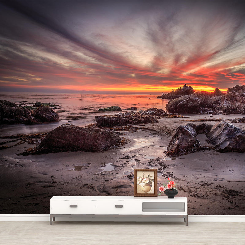 Giant Modernist Mural Wallpaper Brown Tidal Flats with Evening Glow Sky Wall Art