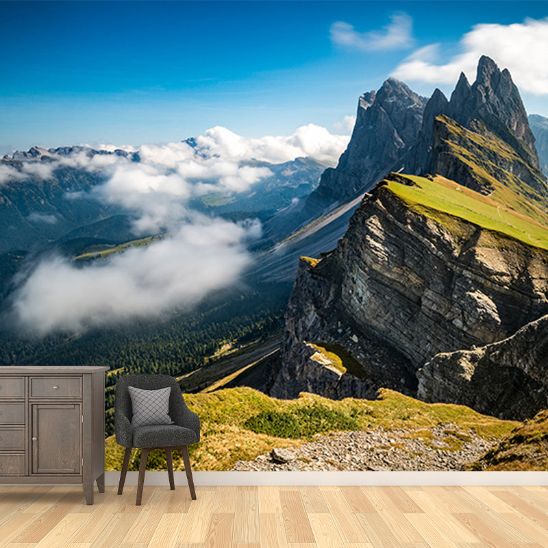 Mountains with Clouds Wall Mural Green Contemporary Wall Covering for Living Room