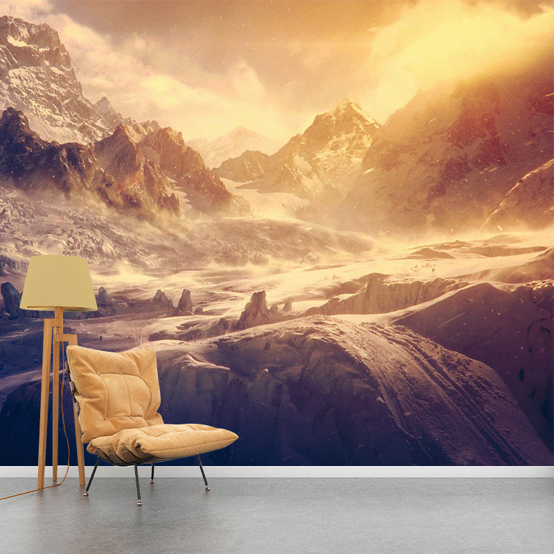 Nightfall Snow Mountain Wallpaper Mural Modern Smooth Wall Art in Brown for Living Room