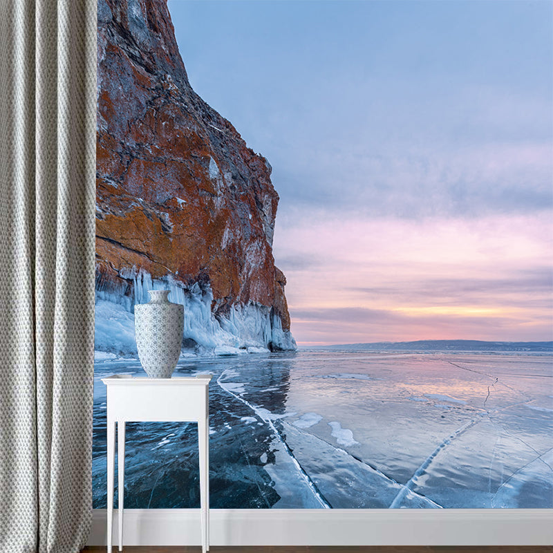 Mountain with Crackle Ice Mural Blue Modernist Wall Decoration for Home, Non-Woven