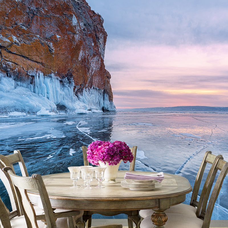 Mountain with Crackle Ice Mural Blue Modernist Wall Decoration for Home, Non-Woven