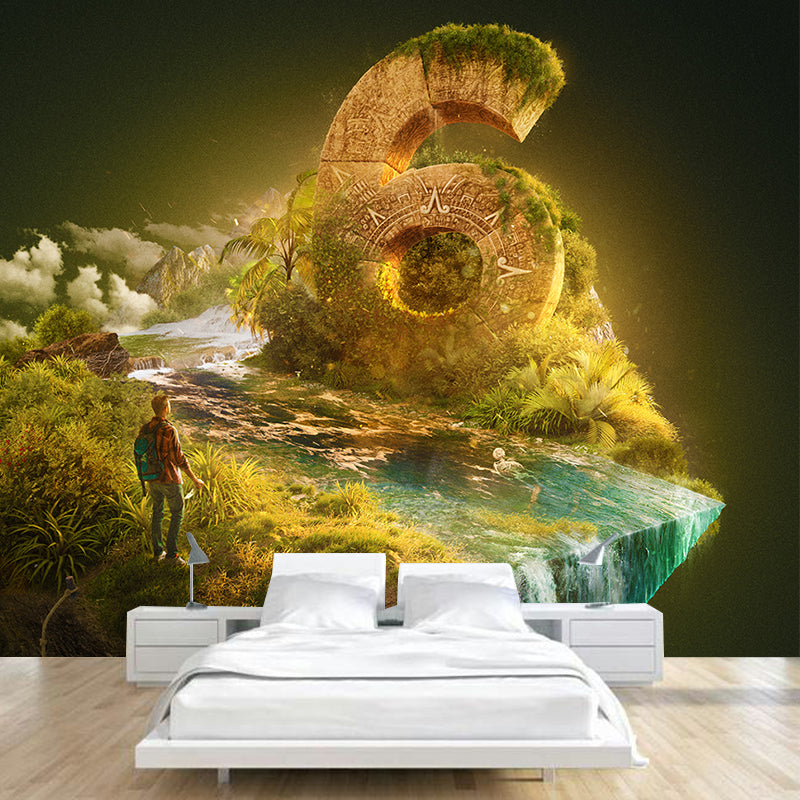 Sci-Fi Boys Wallpaper Mural with Moving Mountain Pattern Green Wall Art for Bedroom