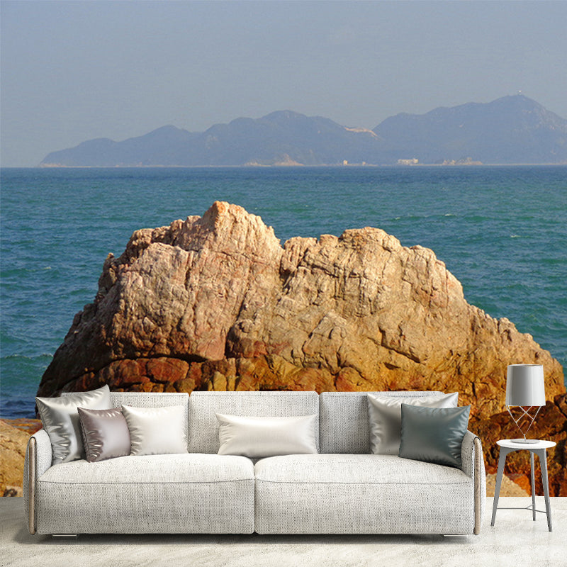 Sea Behind Stone Scenery Mural Contemporary Smooth Surface Wall Covering in Brown
