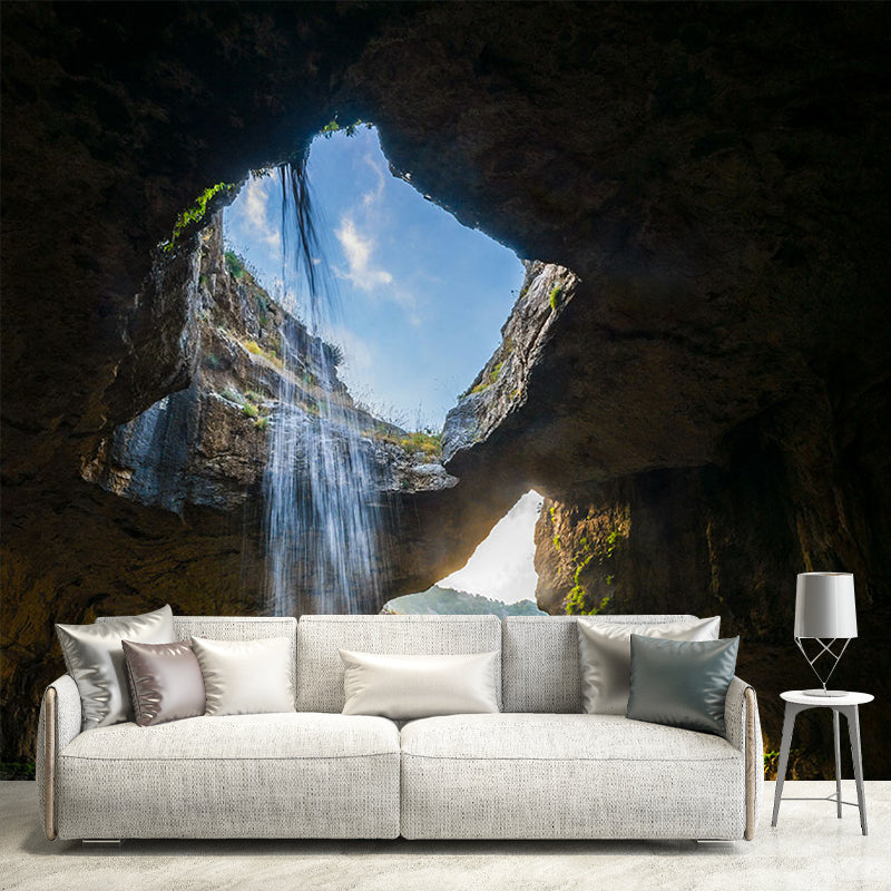 Modern Interior View Mural Green Cave with Cascade Landscape Wall Decor, Made to Measure