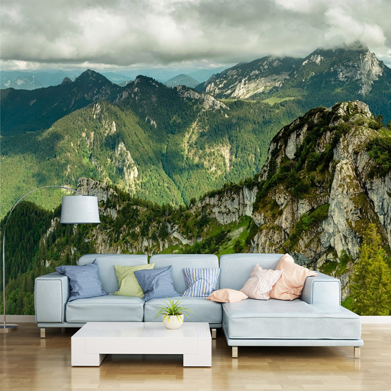 Aerial View of Mountain Mural Wallpaper Green Modern Style Wall Covering for Living Room