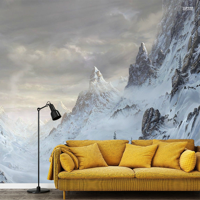 Mountain Covered with Snow Mural in White Modern Style Wall Art for Living Room, Custom Print