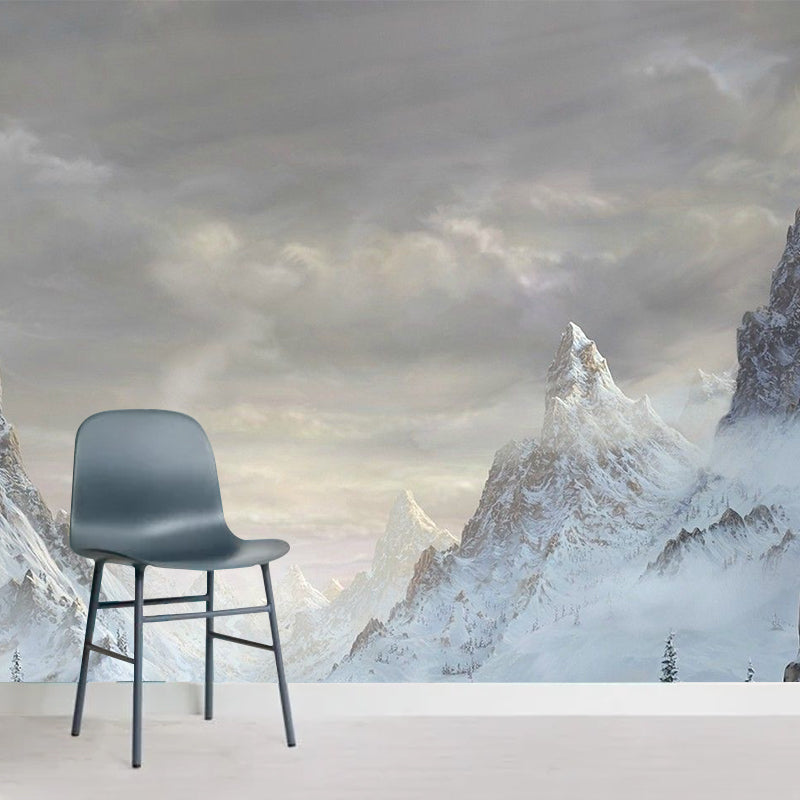 Mountain Covered with Snow Mural in White Modern Style Wall Art for Living Room, Custom Print