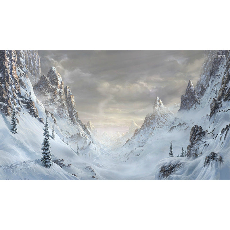 Mountain Covered with Snow Mural in White Modern Style Wall Art for Living Room, Custom Print