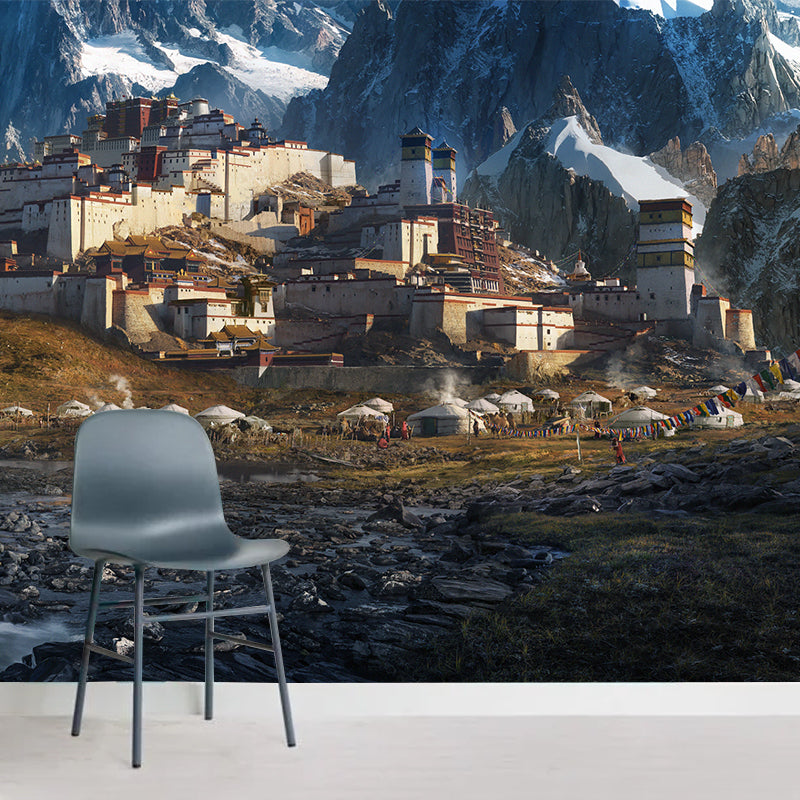 Whole Snow Landscape Wall Mural for Home Mountain with Nomadic Houses Wall Decor in Brown, Washable