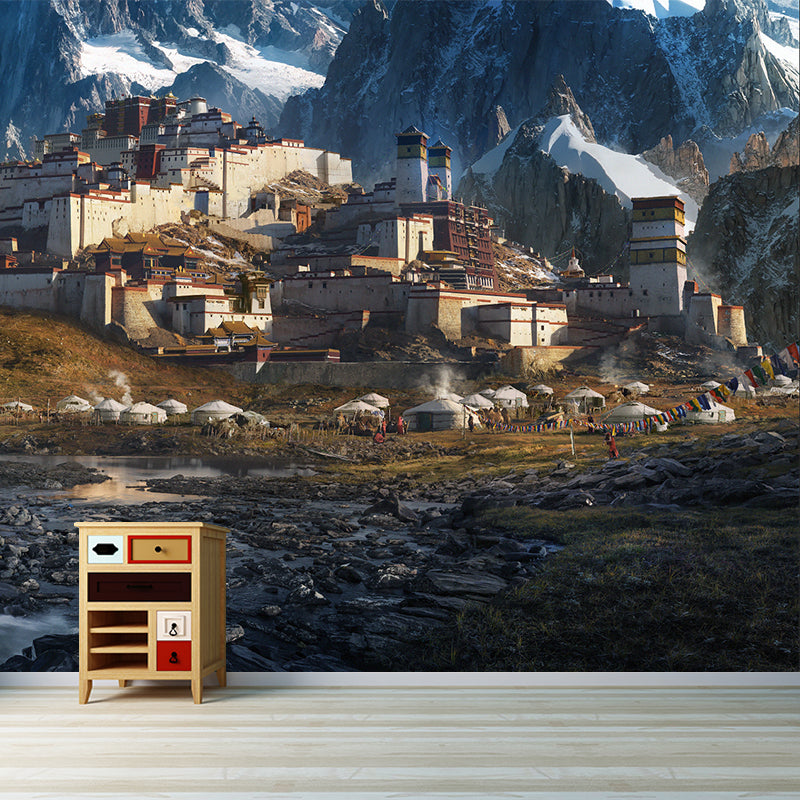 Whole Snow Landscape Wall Mural for Home Mountain with Nomadic Houses Wall Decor in Brown, Washable