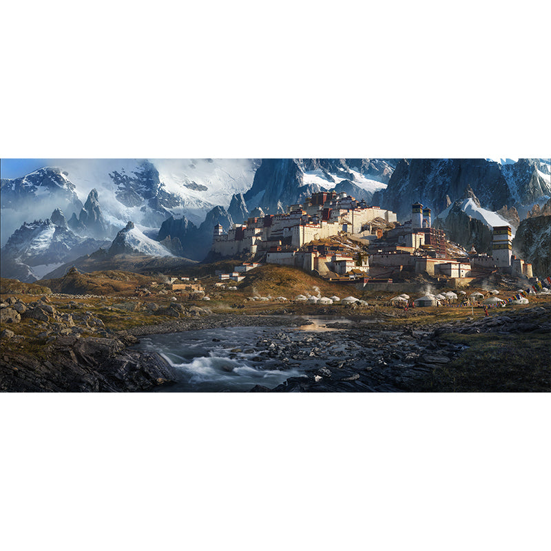 Whole Snow Landscape Wall Mural for Home Mountain with Nomadic Houses Wall Decor in Brown, Washable