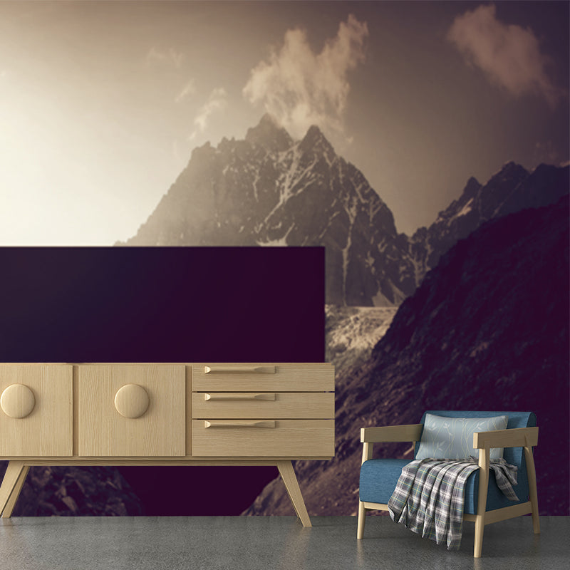 Modernist Landscape Wallpaper Mural Brown Mountain and Lake Scene Wall Decoration