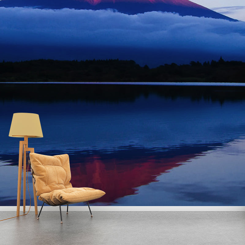 Volcano Reflection in Lake Mural Blue-Red Modernism Wall Covering for Accent Wall