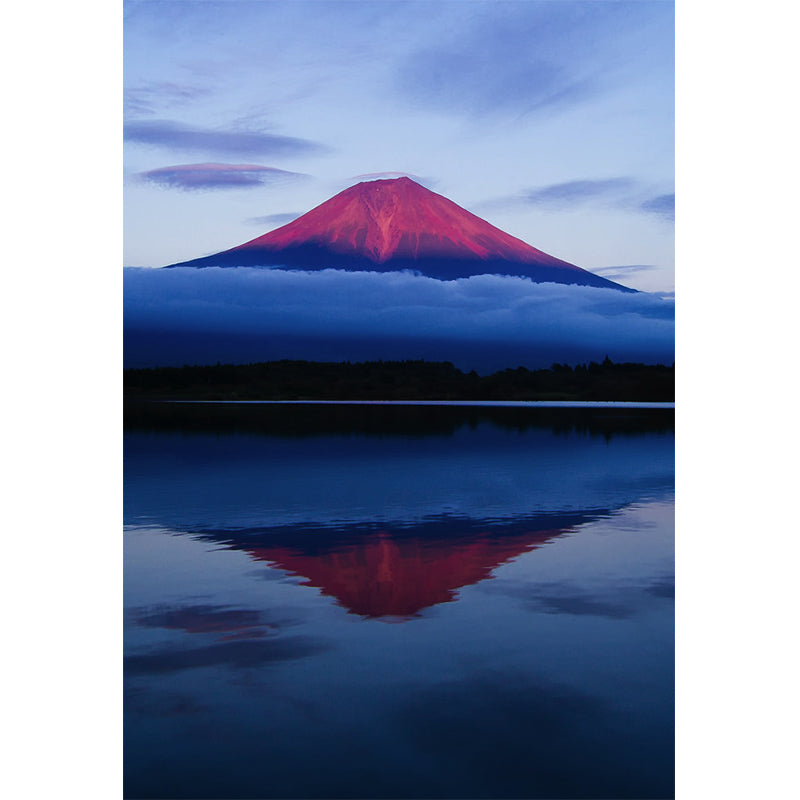 Volcano Reflection in Lake Mural Blue-Red Modernism Wall Covering for Accent Wall