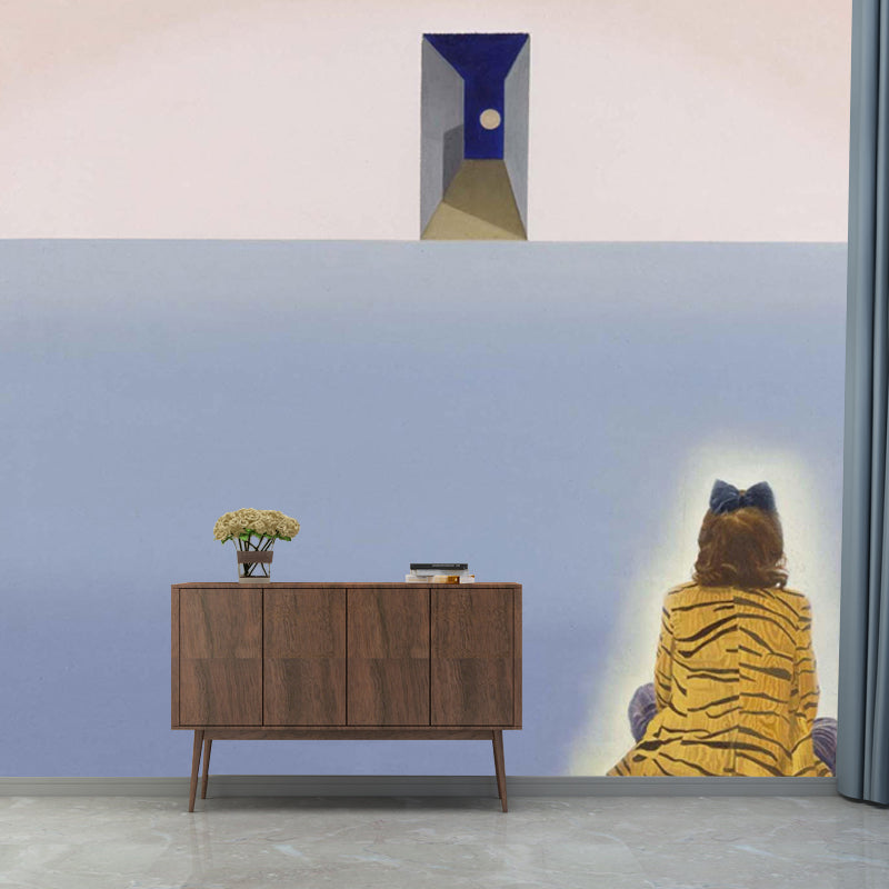 Large Woman and Door Mural Moisture Resistant Surrealism Bedroom Wall Art in Blue
