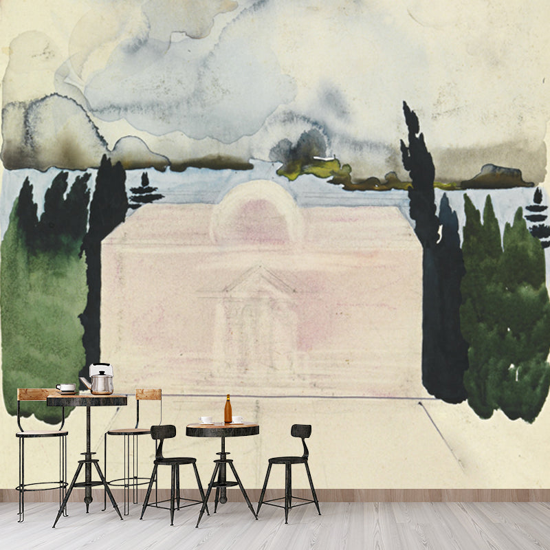 Surreal Church Landscape Painting Mural in Green Moisture Resistant Wall Decor, Custom Size