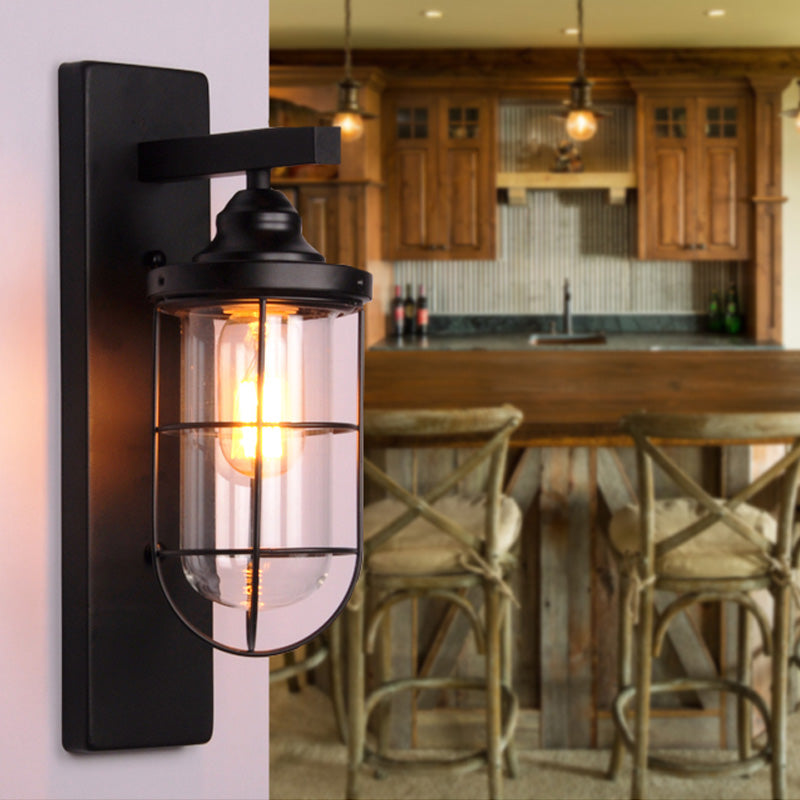 Une application en verre transparent transparent vintage vase noir industriel / cage à oiseaux / lampe murale du couloir ovale