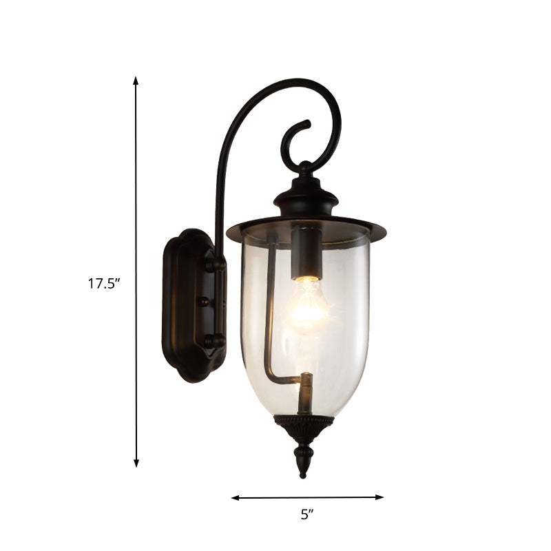 1 Light Urn Shade Sconce Light Industrial Black Clear Glass Wall Lamp for Bathroom