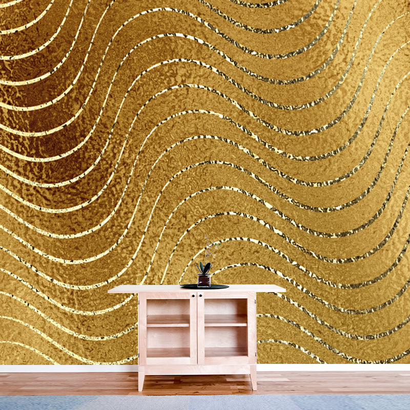 Large Modern Art Mural Dark Color Wavy Lines Foil Wall Covering, Made to Measure
