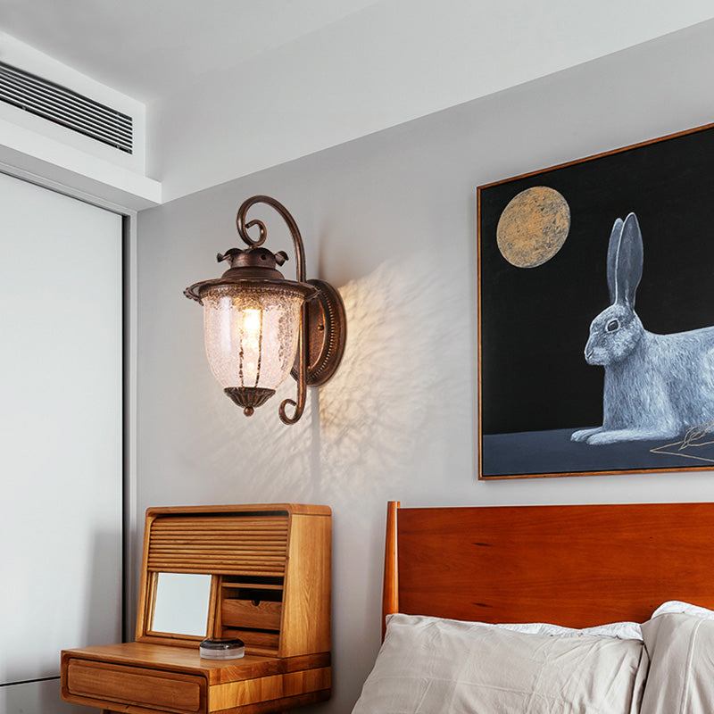 1 Light Pressed Ribbed Glass Wall Sconce Light Industrial Black Lantern Bedroom Lighting Fixture in Weathered Copper