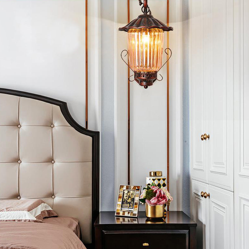 1 Light Pressed Ribbed Glass Wall Sconce Light Industrial Black Lantern Bedroom Lighting Fixture in Weathered Copper