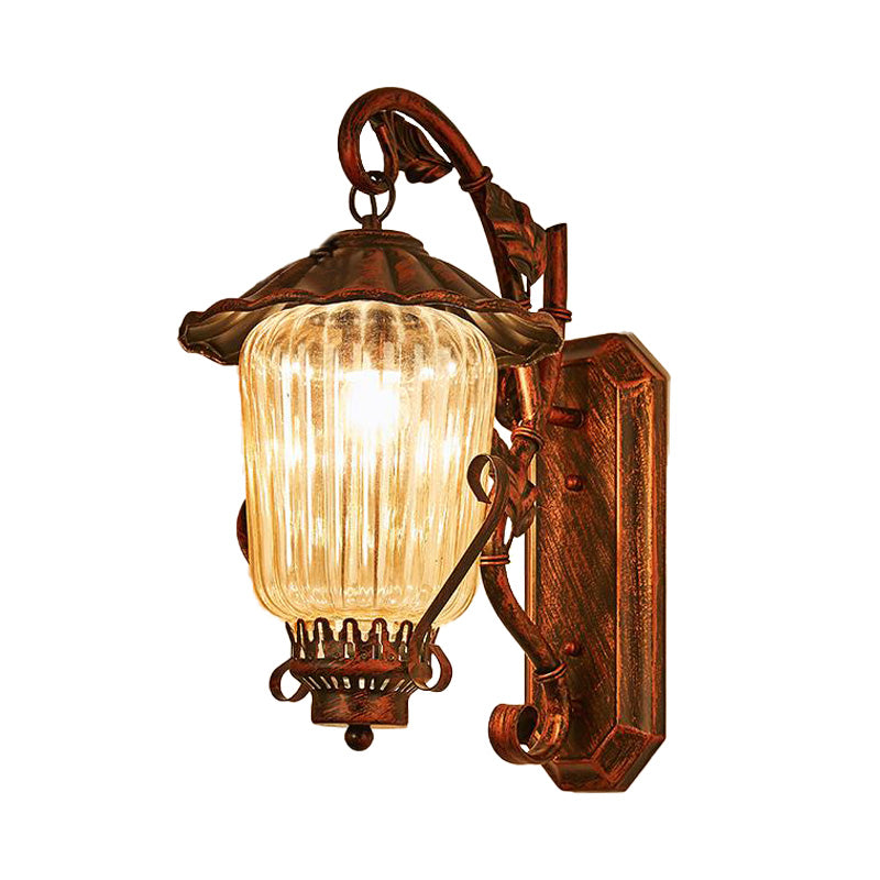 1 Light Pressed Ribbed Glass Wall Sconce Light Industrial Black Lantern Bedroom Lighting Fixture in Weathered Copper