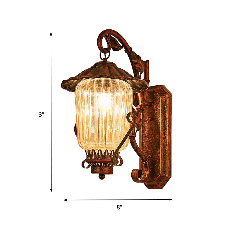 1 Light Pressed Ribbed Glass Wall Sconce Light Industrial Black Lantern Bedroom Lighting Fixture in Weathered Copper