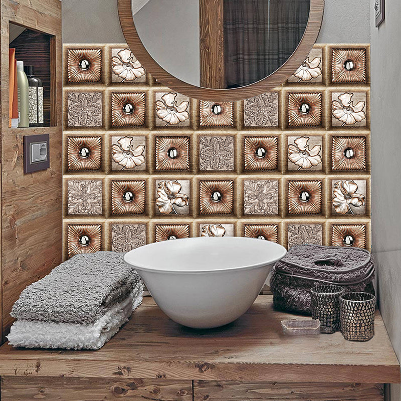 Rustic Wood Floral Wallpaper Panel Set 10 Pcs Brown Peel and Stick Wall Covering for Kitchen