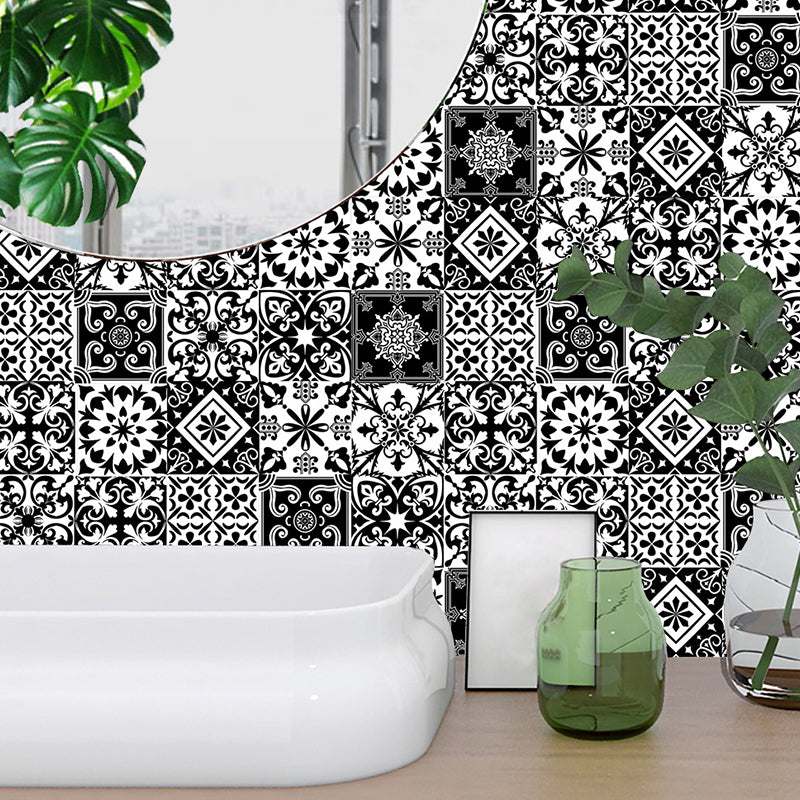 Black Retro Style Adhesive Wallpapers 9.7-sq ft Floral Print Wall Art for Bath, 10 Pieces
