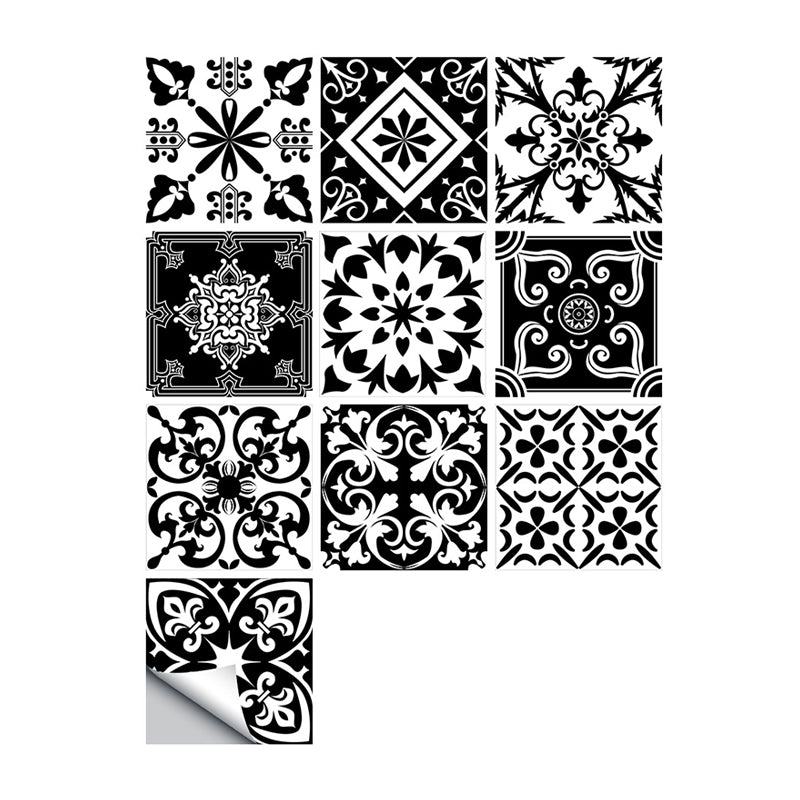 Black Retro Style Adhesive Wallpapers 9.7-sq ft Floral Print Wall Art for Bath, 10 Pieces