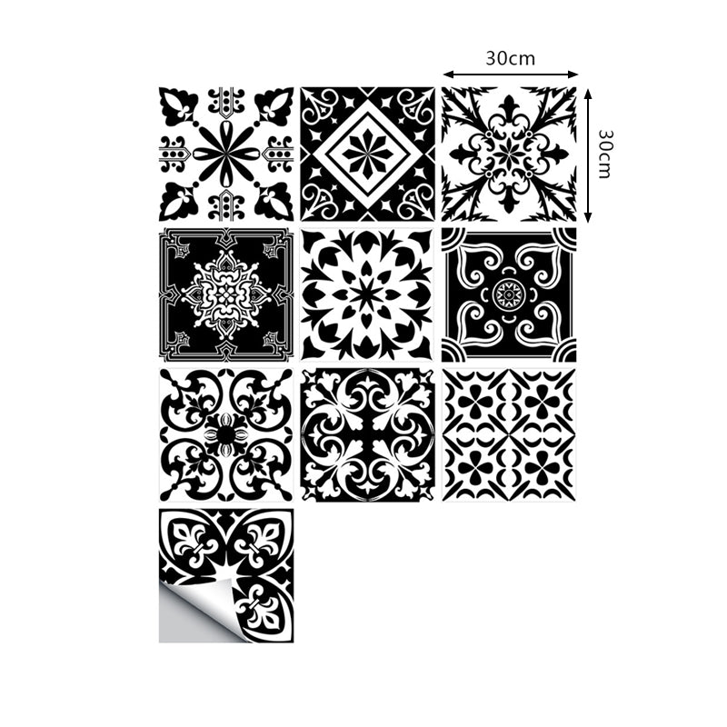 Black Retro Style Adhesive Wallpapers 9.7-sq ft Floral Print Wall Art for Bath, 10 Pieces
