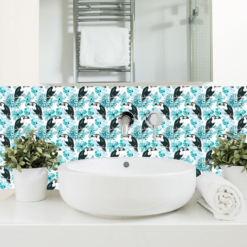 Hand Script Self Adhesive Wallpapers Rustic Cool Bird and Flower Wall Decor in Blue, 9.7-sq ft (10 Pcs)