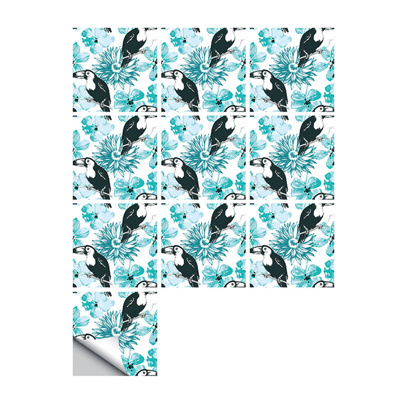 Hand Script Self Adhesive Wallpapers Rustic Cool Bird and Flower Wall Decor in Blue, 9.7-sq ft (10 Pcs)