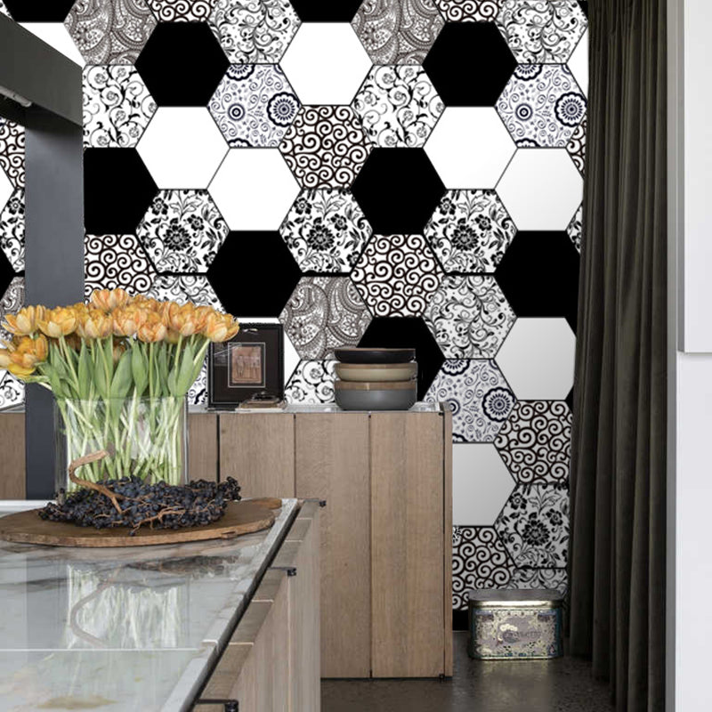 Black Scroll Flowers Wallpaper Panels Peel and Stick Country Kitchen Wall Decor, 10 Pcs