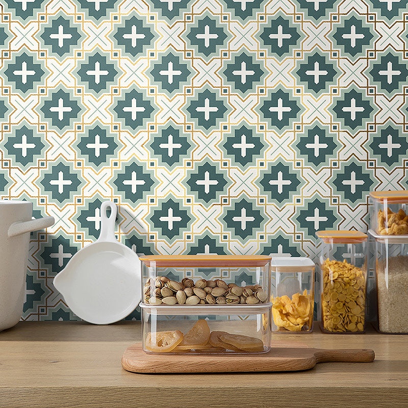 Cross Pattern Wallpaper Panels in Green PVC Wall Covering, Peel and Stick, 8' x 8"