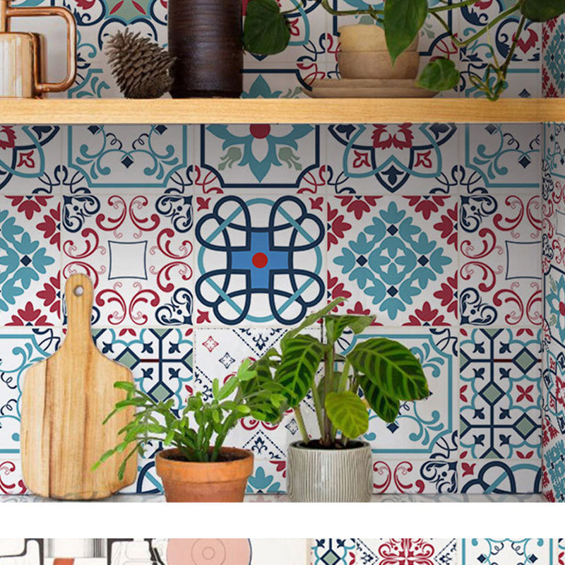 Self Sticking Floral Print Wallpapers Blue Bohemian Style Wall Decor for Bathroom