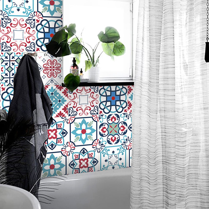 Self Sticking Floral Print Wallpapers Blue Bohemian Style Wall Decor for Bathroom