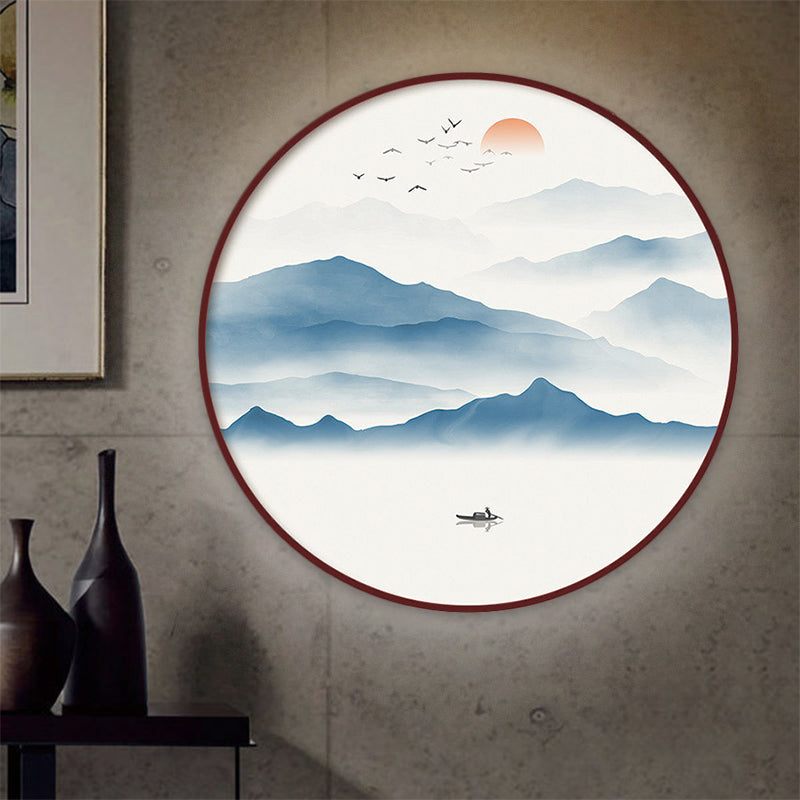 Blue River Scenery Mural Lamp Chinese Acrylic Round LED Flush Mount Wall Sconce in Warm/White Light