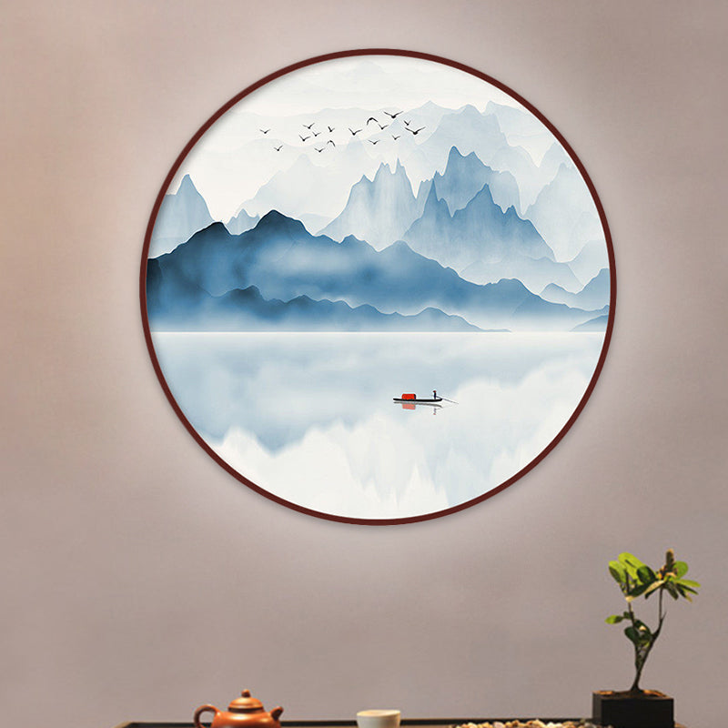 Blue River Scenery Mural Lamp Chinese Acrylic Round LED Flush Mount Wall Sconce in Warm/White Light