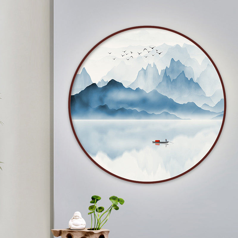 Blue River Scenery Mural Lamp Chinese Acrylic Round LED Flush Mount Wall Sconce in Warm/White Light