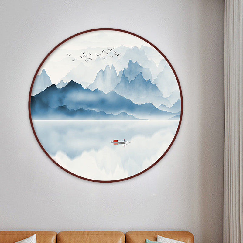Blue River Scenery Mural Lamp Chinese Acrylic Round LED Flush Mount Wall Sconce in Warm/White Light