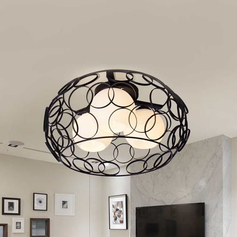 Drum ijzeren kooi inbouw plafondlamp met glazen bolkap Scandinavisch wit/zwart eetkamer plafondlamp